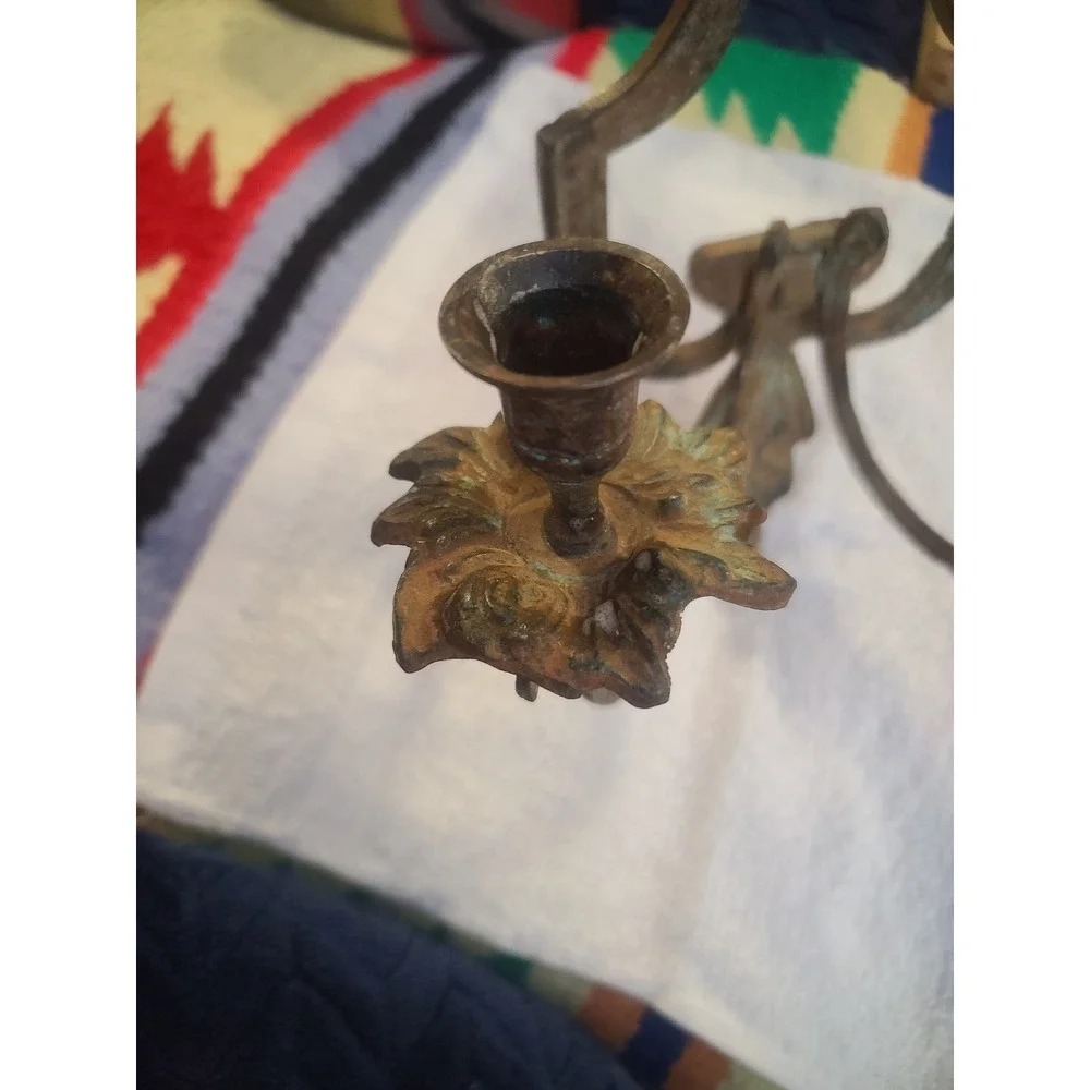 Vintage Cast Metal Double Candle Wall Sconce Ornate Verdigris Patina Rustic